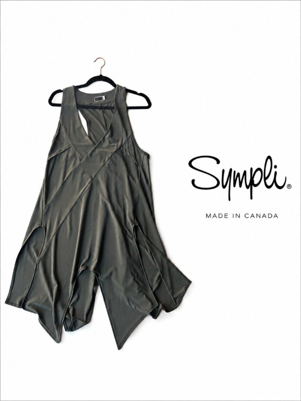 Sympli Olive Green Sleeveless Asymmetrical Tunic Dress Made in Canada  Size 8